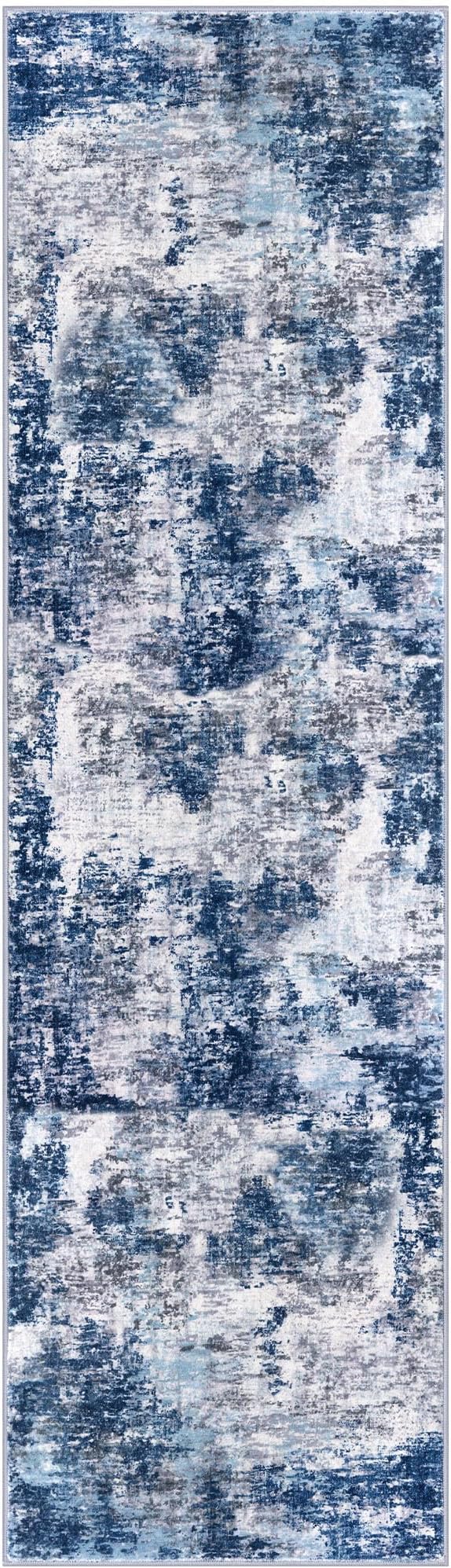 Modern Abstract Runner Rug for Bedroom 2x7, Grey Navy Blue Multi Washable Kitchen Runner, Non-Slip Soft Thin Faux Wool Mat for Entryway, Hallway, Laundry Room Indoor