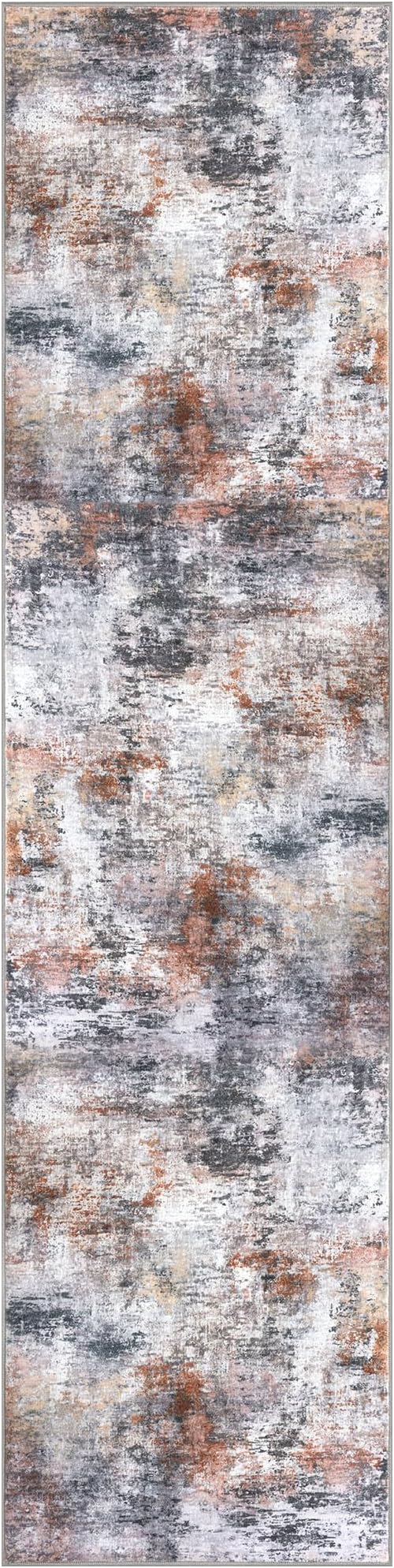 Modern Abstract Hallway Runner Rug, Grey Orange Multi 2x8 Runner Rug, Washable Kitchen Runner Non-Slip Soft Thin Print Faux Wool Carpet for Entryway Bedroom Laundry Room Indoor