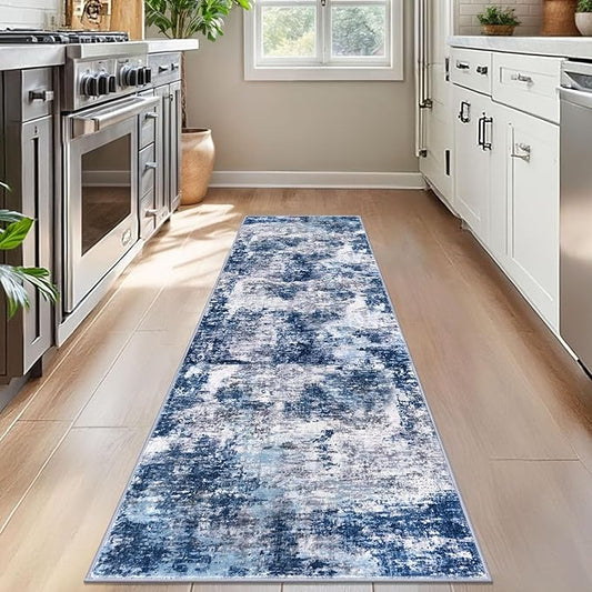 Modern Abstract Runner Rug for Bedroom 2x7, Grey Navy Blue Multi Washable Kitchen Runner, Non-Slip Soft Thin Faux Wool Mat for Entryway, Hallway, Laundry Room Indoor