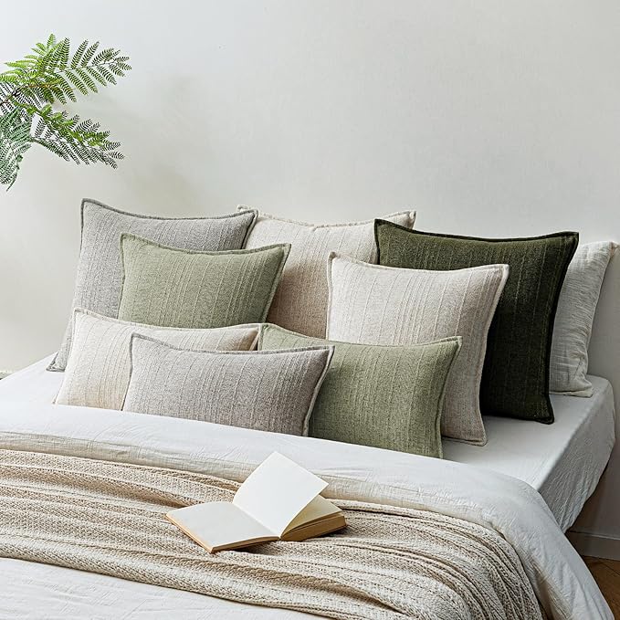 a moment Linen Pillow Covers Set of 2,Boho Farmhouse Throw Pillowcases Neutral Textured Decorative Covers for Couch Sofa,Linen Blend Accent Case Cushion Living Room Home Decor 20"x20"Seeding Green