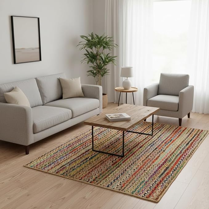 REDEARTH · Jute Cotton Chindi Area Rug - 4'x6' Rectangular Rug, Handwoven, Non-Shedding, Soft & Durable – Multi Tones for Home Décor in Living Room, Dining Room, Bedroom, Set of 2