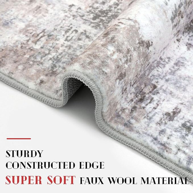 Modern Abstract Runner Rug for Bedroom 2x7, Beige Grey Washable Kitchen Runner, Non-Slip Soft Thin Faux Wool Mat for Entryway, Hallway, Laundry Room Indoor