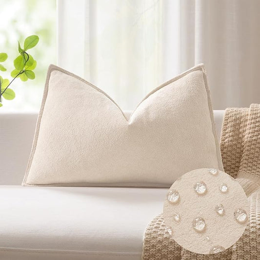 Kevin Textile 12x24 Inch Lumbar Pillow Cover 1 Pack Soft Boucle Textured Decorative Waterproof Rectangle Cushion Elegant Accent Pillow for Couch Sofa Chair Bed Home Decor Indoor Outdoor Beige