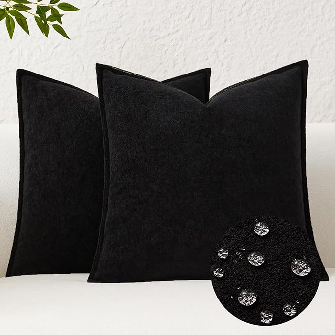 Kevin Textile Waterproof Decorative Pillow Covers Black 16x16 Inch Pack of 2 Soft Boucle Textured Throw Pillowcases Elegant Accent Pillows for Couch Sofa Chair Bed Home Decor Indoor Outdoor