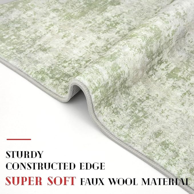 Modern Abstract Small Area Rug Indoor 3x5 Washable Rug Non-Slip Soft Sage Green Grey Entryway Rug Kitchen Mats Thin Print Faux Wool Floor Carpet Throw Rugs for Entrance Bedroom Home Decor