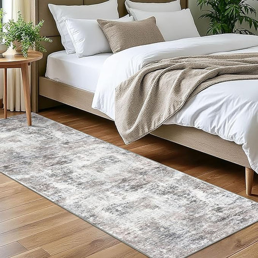 Modern Abstract Runner Rug for Bedroom 2x7, Beige Grey Washable Kitchen Runner, Non-Slip Soft Thin Faux Wool Mat for Entryway, Hallway, Laundry Room Indoor