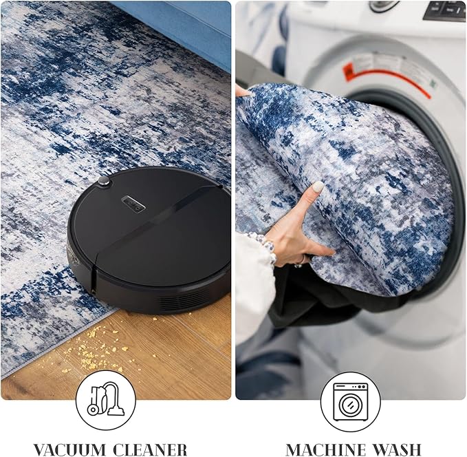 Modern Abstract Runner Rug for Bedroom 2x7, Grey Navy Blue Multi Washable Kitchen Runner, Non-Slip Soft Thin Faux Wool Mat for Entryway, Hallway, Laundry Room Indoor