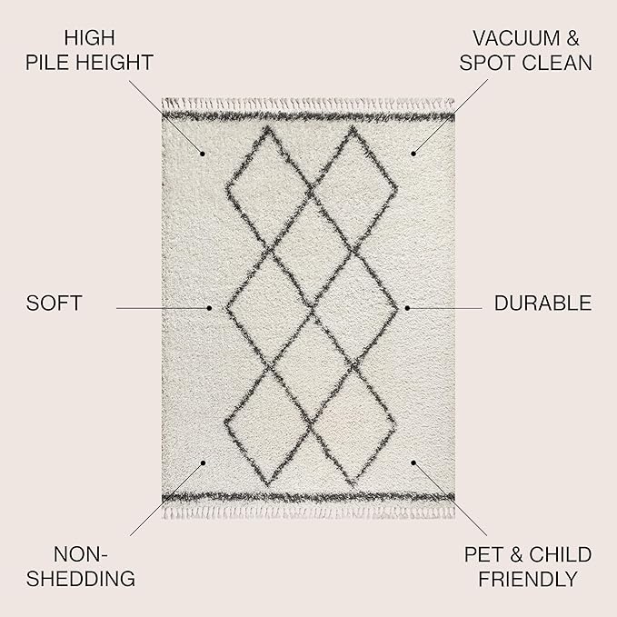 JONATHAN Y Mercer Shag Plush Tassel Cream/Gray Indoor Area Rug, 3x5, Moroccan Geometric Trellis, Bohemian, Easy-Cleaning for Living Room, Bedroom, Kitchen, Pet Friendly, Non-Shedding (MCR103B-3)