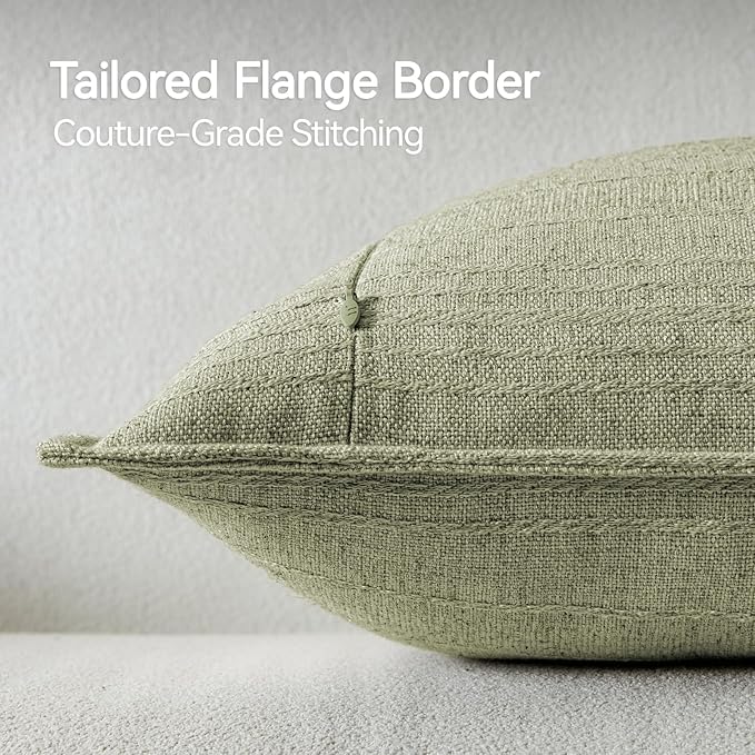 a moment Linen Pillow Covers Set of 2,Boho Farmhouse Throw Pillowcases Neutral Textured Decorative Covers for Couch Sofa,Linen Blend Accent Case Cushion Living Room Home Decor 20"x20"Seeding Green