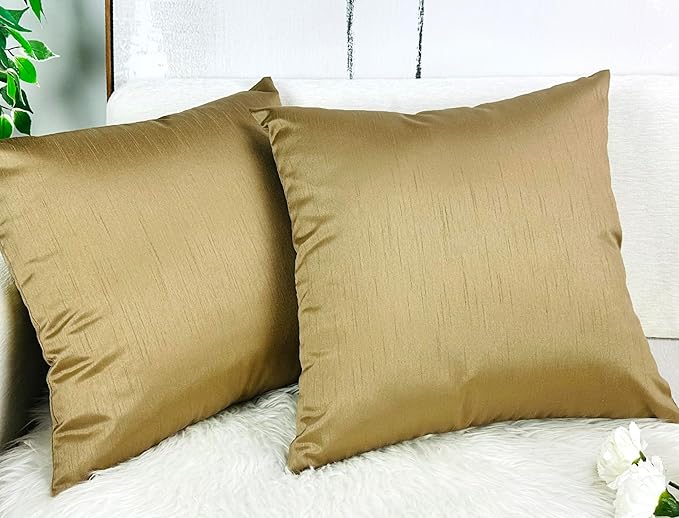 Aiking Home Collection 18x18 Inches Faux Silk Square Throw Pillow Cover, Zipper Closure, Brass (Set of 2)