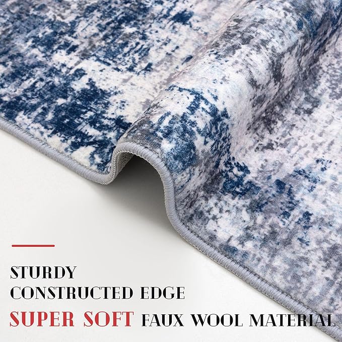 Modern Abstract Runner Rug for Bedroom 2x7, Grey Navy Blue Multi Washable Kitchen Runner, Non-Slip Soft Thin Faux Wool Mat for Entryway, Hallway, Laundry Room Indoor