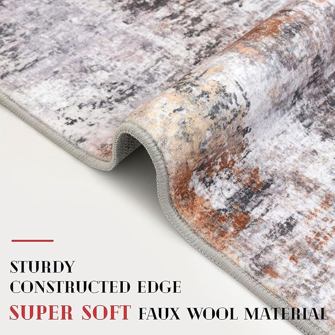 Modern Abstract Hallway Runner Rug, Grey Orange Multi 2x8 Runner Rug, Washable Kitchen Runner Non-Slip Soft Thin Print Faux Wool Carpet for Entryway Bedroom Laundry Room Indoor