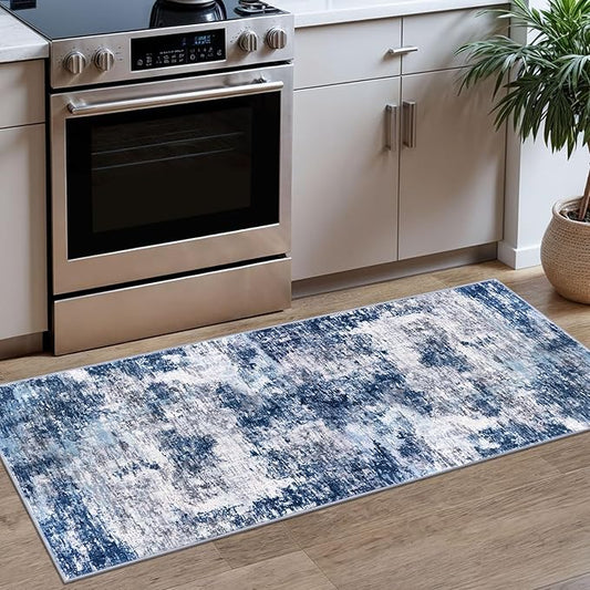 Modern Abstract Runner Rug 2x5, Grey Navy Blue Multi Washable Kitchen Runner Entryway Rug Mat Non-Slip Soft Hallway Rug Runner Thin Print Faux Wool Carpet for Bedroom Laundry Room Indoor