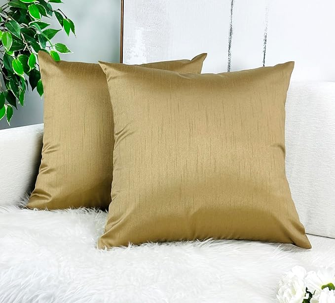 Aiking Home Collection 18x18 Inches Faux Silk Square Throw Pillow Cover, Zipper Closure, Brass (Set of 2)