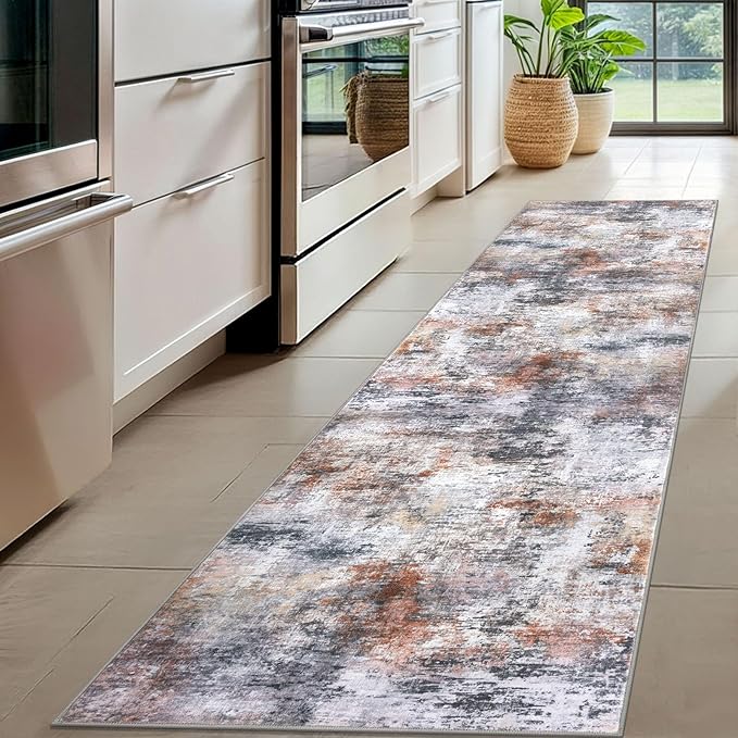 Modern Abstract Hallway Runner Rug, Grey Orange Multi 2x8 Runner Rug, Washable Kitchen Runner Non-Slip Soft Thin Print Faux Wool Carpet for Entryway Bedroom Laundry Room Indoor