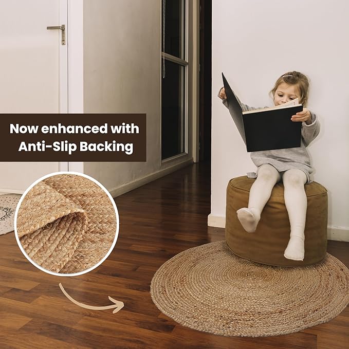 REDEARTH · Round Area Rug - 3 Feet Braided Natural Jute with Non-Skid Backing - Handwoven Boho Rug for Bedroom, Kitchen, Living Room - Farmhouse Aesthetic Home Decor - Durable Handmade Rug
