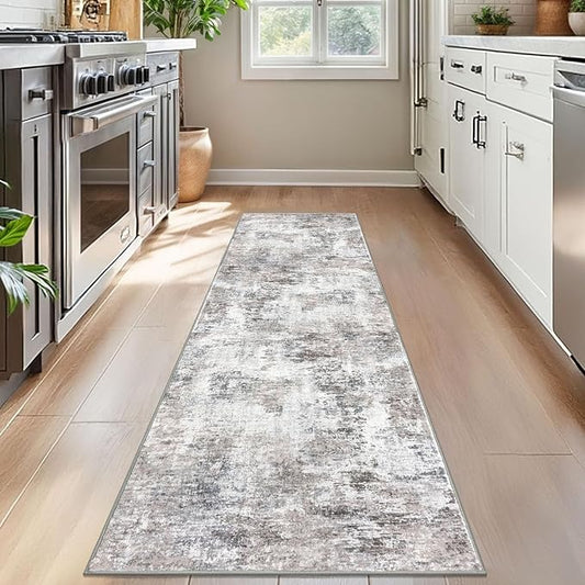 Modern Abstract Runner Rug for Bedroom 2x7, Beige Grey Washable Kitchen Runner, Non-Slip Soft Thin Faux Wool Mat for Entryway, Hallway, Laundry Room Indoor