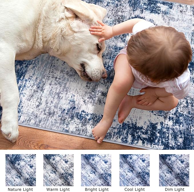 Modern Abstract Runner Rug 2x5, Grey Navy Blue Multi Washable Kitchen Runner Entryway Rug Mat Non-Slip Soft Hallway Rug Runner Thin Print Faux Wool Carpet for Bedroom Laundry Room Indoor