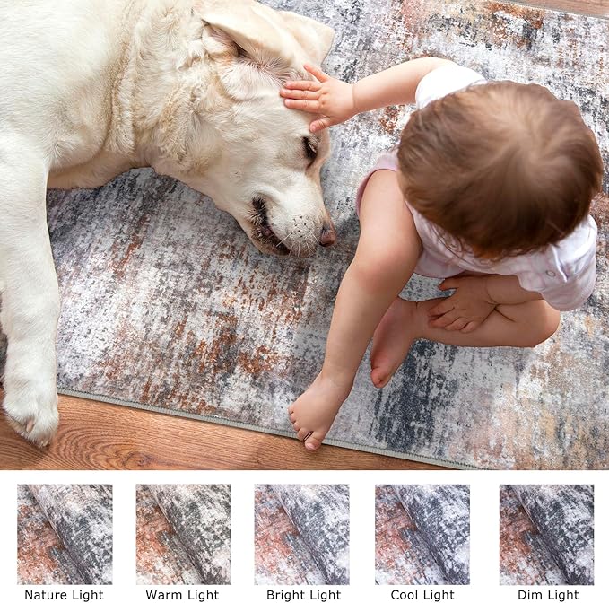 Modern Abstract Hallway Runner Rug, Grey Orange Multi 2x8 Runner Rug, Washable Kitchen Runner Non-Slip Soft Thin Print Faux Wool Carpet for Entryway Bedroom Laundry Room Indoor
