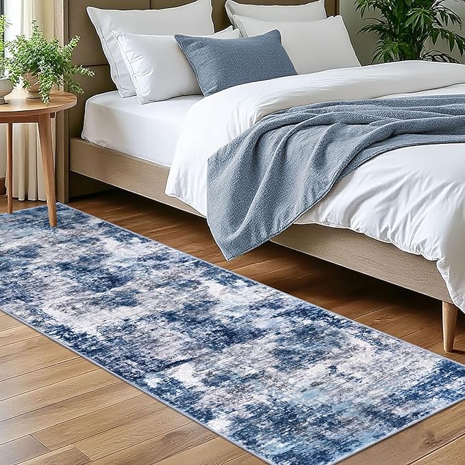Modern Abstract Runner Rug for Bedroom 2x7, Grey Navy Blue Multi Washable Kitchen Runner, Non-Slip Soft Thin Faux Wool Mat for Entryway, Hallway, Laundry Room Indoor