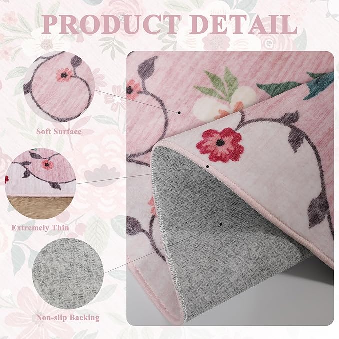 DUKINO Floral Round Rug, 4ft Washable Round Area Rug, Non Slip Indoor Low Pile Circle Rug, Soft Small Boho Design Circle Rug for Bedroom, Entryway, Living Room, Dining Room, Pink