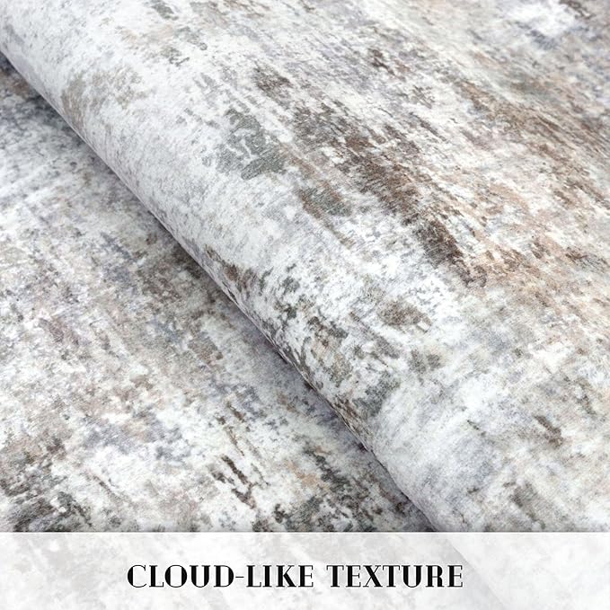 Modern Abstract 5x7 Living Room Washable Rug Non-Slip Soft Bedroom Area Rug Beige Grey Neutral Thin Print Faux Wool Floor Carpet Throw Rugs for Nursery Playroom Dining Room Indoor Office
