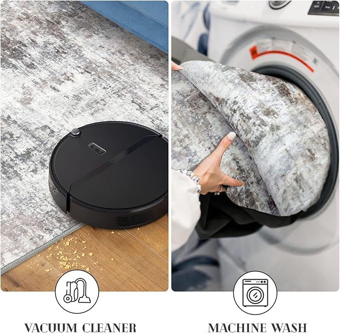 Modern Abstract 5x7 Living Room Washable Rug Non-Slip Soft Bedroom Area Rug Beige Grey Neutral Thin Print Faux Wool Floor Carpet Throw Rugs for Nursery Playroom Dining Room Indoor Office