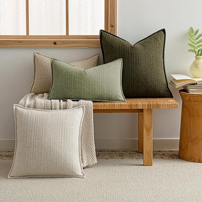 a moment Linen Pillow Covers Set of 2,Boho Farmhouse Throw Pillowcases Neutral Textured Decorative Covers for Couch Sofa,Linen Blend Accent Case Cushion Living Room Home Decor 20"x20"Seeding Green