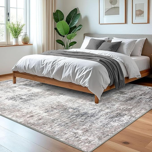 Modern Abstract 5x7 Living Room Washable Rug Non-Slip Soft Bedroom Area Rug Beige Grey Neutral Thin Print Faux Wool Floor Carpet Throw Rugs for Nursery Playroom Dining Room Indoor Office