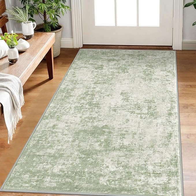 Modern Abstract Small Area Rug Indoor 3x5 Washable Rug Non-Slip Soft Sage Green Grey Entryway Rug Kitchen Mats Thin Print Faux Wool Floor Carpet Throw Rugs for Entrance Bedroom Home Decor