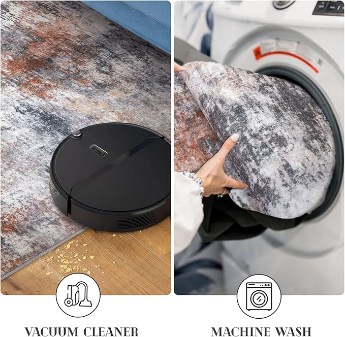 Modern Abstract Hallway Runner Rug, Grey Orange Multi 2x8 Runner Rug, Washable Kitchen Runner Non-Slip Soft Thin Print Faux Wool Carpet for Entryway Bedroom Laundry Room Indoor
