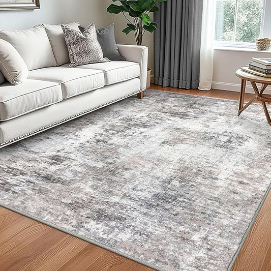 Modern Abstract 5x7 Living Room Washable Rug Non-Slip Soft Bedroom Area Rug Beige Grey Neutral Thin Print Faux Wool Floor Carpet Throw Rugs for Nursery Playroom Dining Room Indoor Office