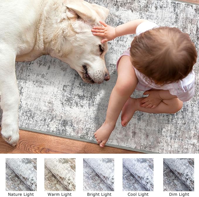 Modern Abstract Runner Rug for Bedroom 2x7, Beige Grey Washable Kitchen Runner, Non-Slip Soft Thin Faux Wool Mat for Entryway, Hallway, Laundry Room Indoor