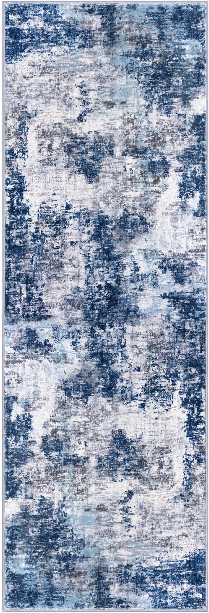 Modern Abstract Runner Rug 2x5, Grey Navy Blue Multi Washable Kitchen Runner Entryway Rug Mat Non-Slip Soft Hallway Rug Runner Thin Print Faux Wool Carpet for Bedroom Laundry Room Indoor