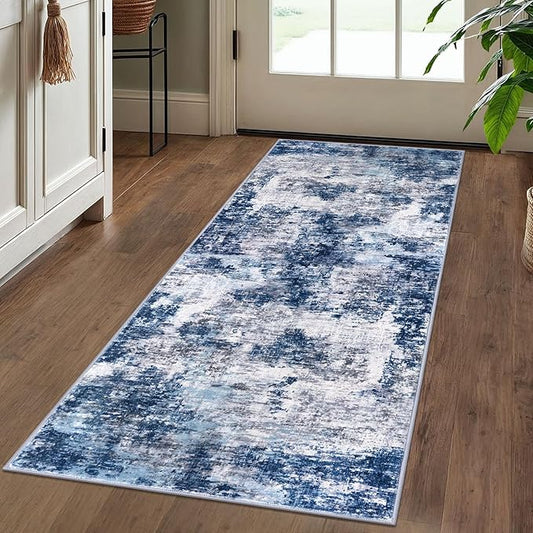 Modern Abstract Runner Rug 2x5, Grey Navy Blue Multi Washable Kitchen Runner Entryway Rug Mat Non-Slip Soft Hallway Rug Runner Thin Print Faux Wool Carpet for Bedroom Laundry Room Indoor