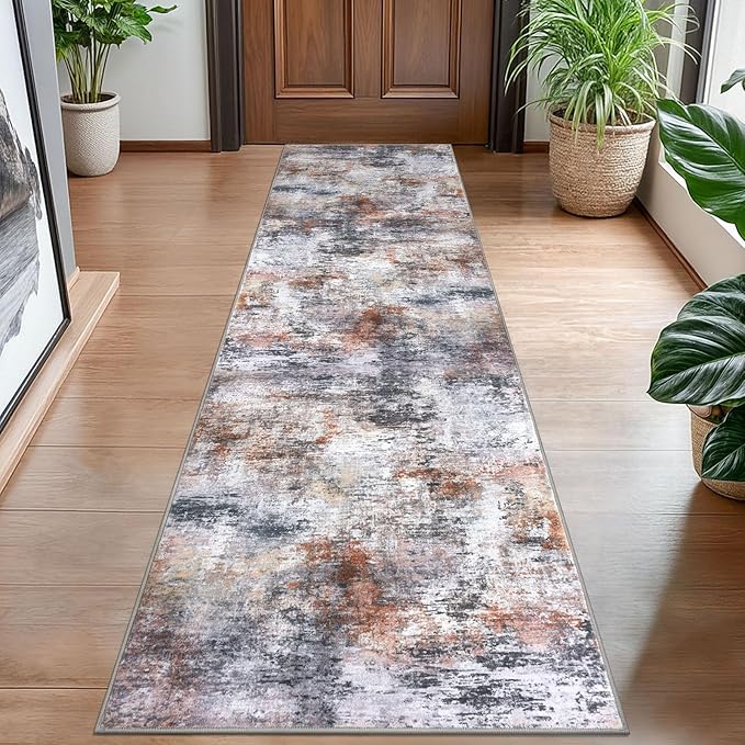 Modern Abstract Hallway Runner Rug, Grey Orange Multi 2x8 Runner Rug, Washable Kitchen Runner Non-Slip Soft Thin Print Faux Wool Carpet for Entryway Bedroom Laundry Room Indoor
