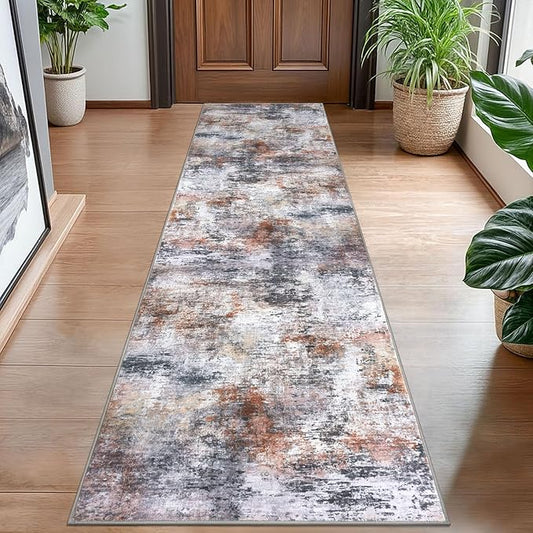 Modern Abstract Hallway Runner Rug, Grey Orange Multi 2x8 Runner Rug, Washable Kitchen Runner Non-Slip Soft Thin Print Faux Wool Carpet for Entryway Bedroom Laundry Room Indoor