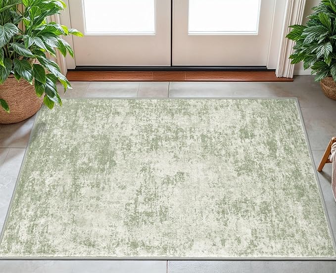 Modern Abstract Small Area Rug Indoor 3x5 Washable Rug Non-Slip Soft Sage Green Grey Entryway Rug Kitchen Mats Thin Print Faux Wool Floor Carpet Throw Rugs for Entrance Bedroom Home Decor