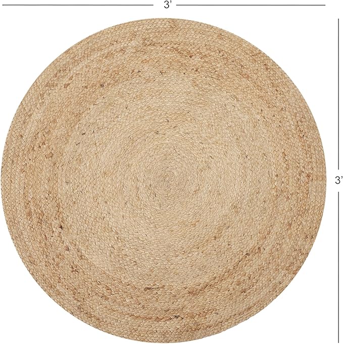 REDEARTH · Round Area Rug - 3 Feet Braided Natural Jute with Non-Skid Backing - Handwoven Boho Rug for Bedroom, Kitchen, Living Room - Farmhouse Aesthetic Home Decor - Durable Handmade Rug