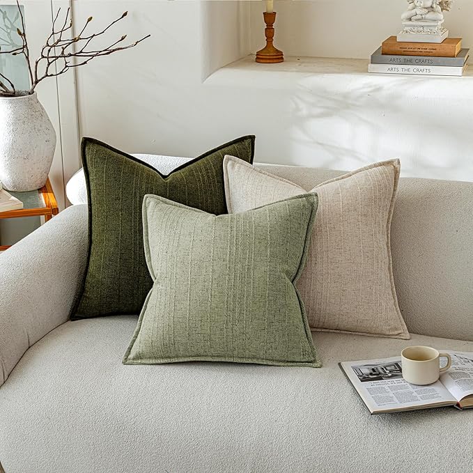 a moment Linen Pillow Covers Set of 2,Boho Farmhouse Throw Pillowcases Neutral Textured Decorative Covers for Couch Sofa,Linen Blend Accent Case Cushion Living Room Home Decor 20"x20"Seeding Green