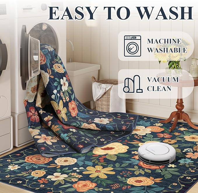 DUKINO 2x4 Rug for Entryway, Washable Kitchen Floral Runner Rug with Non Slip Backing, Low Pile Soft Boho Carpet for Kitchen, Hallway, Entryway, Laundry, Bedroom, Navy Blue