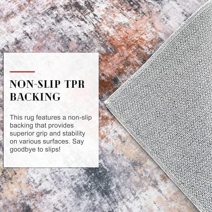 Modern Abstract Hallway Runner Rug, Grey Orange Multi 2x8 Runner Rug, Washable Kitchen Runner Non-Slip Soft Thin Print Faux Wool Carpet for Entryway Bedroom Laundry Room Indoor