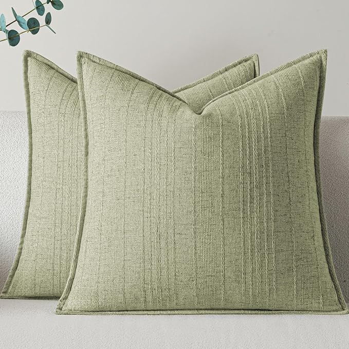 a moment Linen Pillow Covers Set of 2,Boho Farmhouse Throw Pillowcases Neutral Textured Decorative Covers for Couch Sofa,Linen Blend Accent Case Cushion Living Room Home Decor 20"x20"Seeding Green
