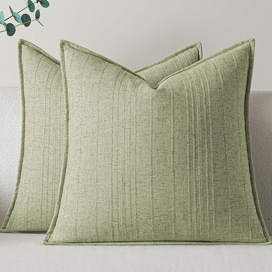 a moment Linen Pillow Covers Set of 2,Boho Farmhouse Throw Pillowcases Neutral Textured Decorative Covers for Couch Sofa,Linen Blend Accent Case Cushion Living Room Home Decor 20"x20"Seeding Green