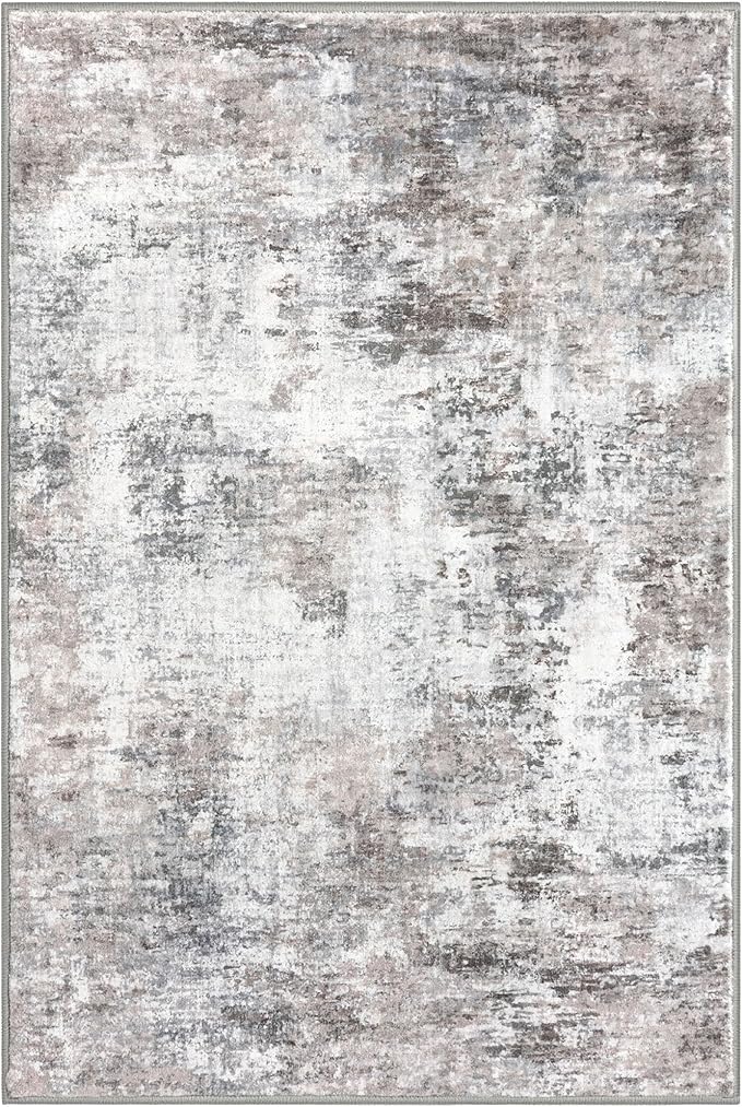 Modern Abstract 5x7 Living Room Washable Rug Non-Slip Soft Bedroom Area Rug Beige Grey Neutral Thin Print Faux Wool Floor Carpet Throw Rugs for Nursery Playroom Dining Room Indoor Office