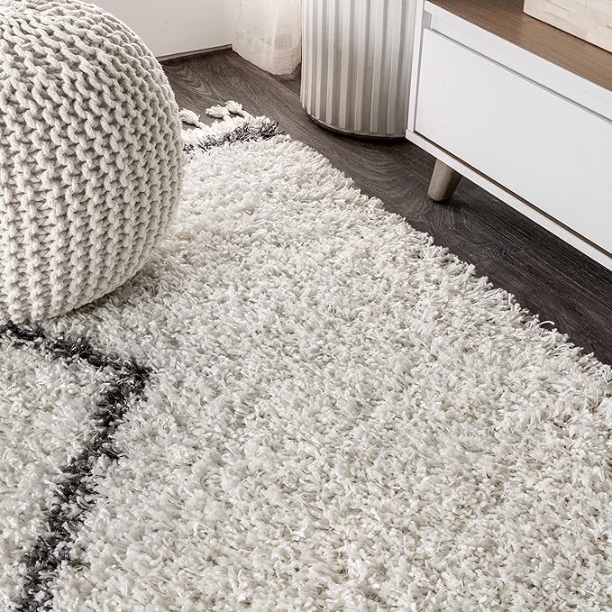 JONATHAN Y Mercer Shag Plush Tassel Cream/Gray Indoor Area Rug, 3x5, Moroccan Geometric Trellis, Bohemian, Easy-Cleaning for Living Room, Bedroom, Kitchen, Pet Friendly, Non-Shedding (MCR103B-3)