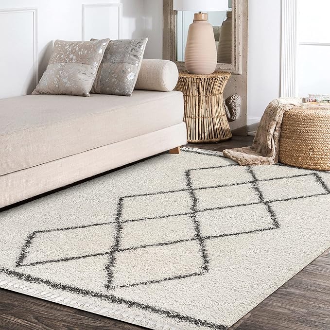 JONATHAN Y Mercer Shag Plush Tassel Cream/Gray Indoor Area Rug, 3x5, Moroccan Geometric Trellis, Bohemian, Easy-Cleaning for Living Room, Bedroom, Kitchen, Pet Friendly, Non-Shedding (MCR103B-3)