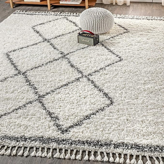 JONATHAN Y Mercer Shag Plush Tassel Cream/Gray Indoor Area Rug, 3x5, Moroccan Geometric Trellis, Bohemian, Easy-Cleaning for Living Room, Bedroom, Kitchen, Pet Friendly, Non-Shedding (MCR103B-3)
