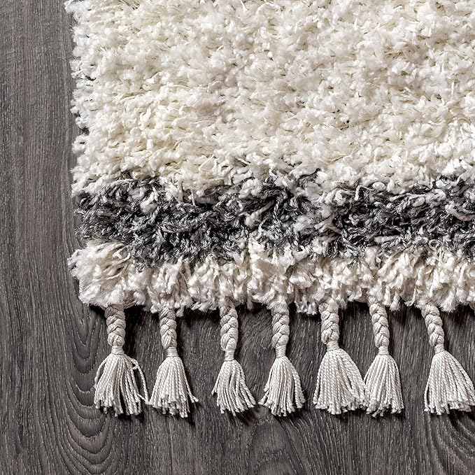 JONATHAN Y Mercer Shag Plush Tassel Cream/Gray Indoor Area Rug, 3x5, Moroccan Geometric Trellis, Bohemian, Easy-Cleaning for Living Room, Bedroom, Kitchen, Pet Friendly, Non-Shedding (MCR103B-3)