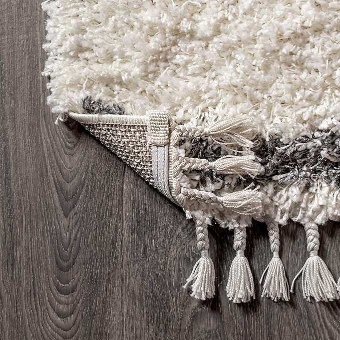 JONATHAN Y Mercer Shag Plush Tassel Cream/Gray Indoor Area Rug, 3x5, Moroccan Geometric Trellis, Bohemian, Easy-Cleaning for Living Room, Bedroom, Kitchen, Pet Friendly, Non-Shedding (MCR103B-3)